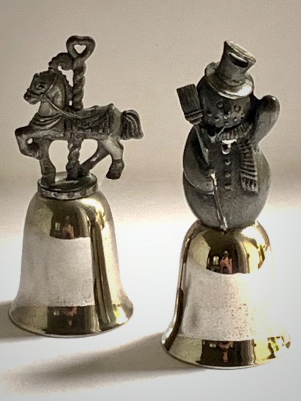 Vintage Wallace Silversmiths Pewter Mini Bell Ornament Set Snowman Carousel Hors